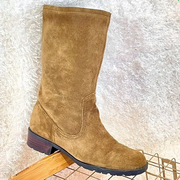 unlined Genuine Leather pull on high mid calf boots size: 7.5 brown - Picture 4 of 15